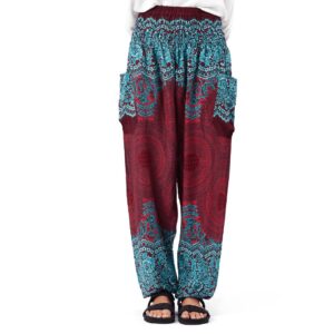 happy trunks harem pants for women with pockets (s-xxl) - boho hippie yoga pants, beach lounge pants, comfy bohemian clothes for women (small, red honeycomb)