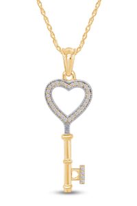 jewel zone us white natural diamond accent heart key pendant necklace in 14k solid yellow gold