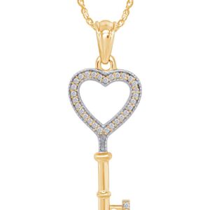 Jewel Zone US White Natural Diamond Accent Heart Key Pendant Necklace in 14K Solid Yellow Gold