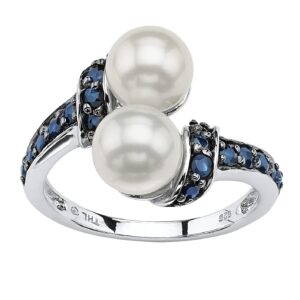 palmbeach platinum-plated sterling silver round genuine cultured freshwater pearl and round genuine blue sapphire ring sizes 6-10 size 7