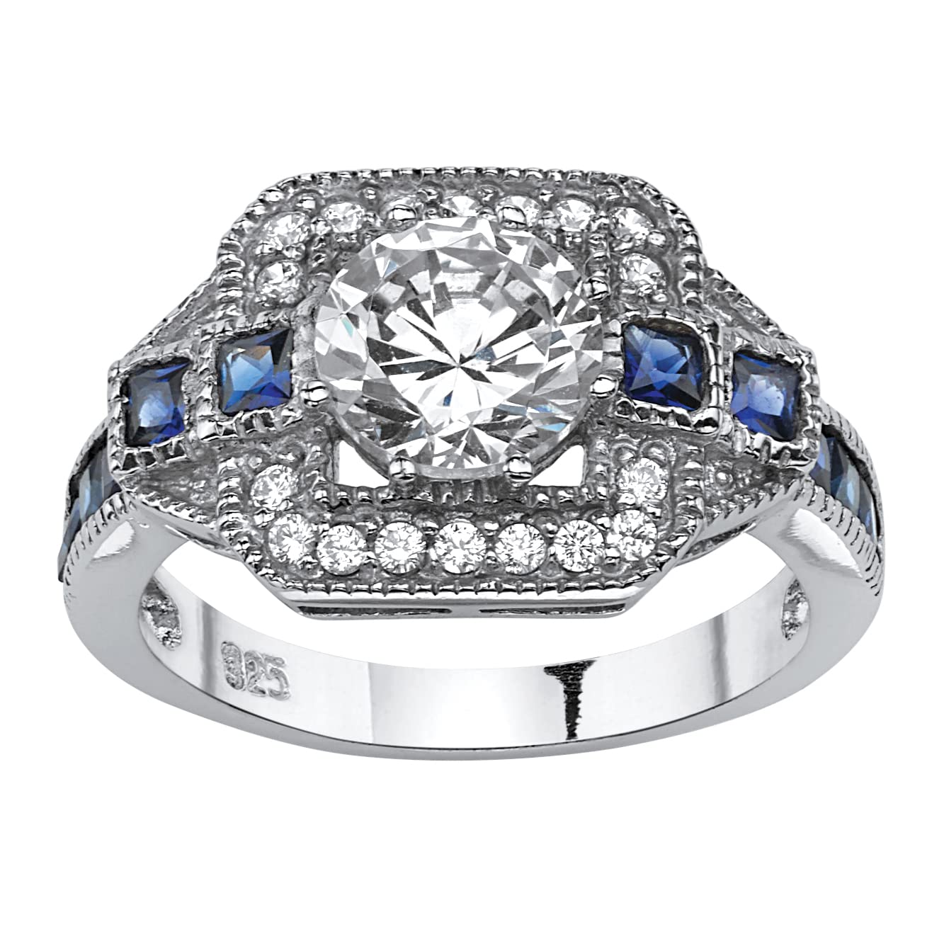 PalmBeach Platinum-plated Sterling Silver Round Cubic Zirconia and Princess Synthetic Blue Sapphire Engagement Ring Sizes 6-10 Size 7