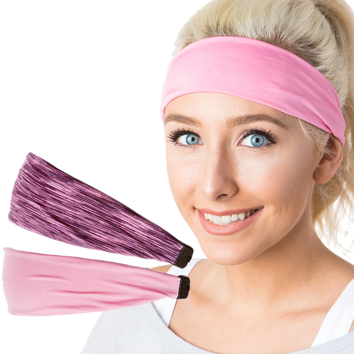 Hipsy Women's Adjustable & Stretchy Xflex Pastel Yoga Headband Multi Packs (Pink & Pink 2pk)