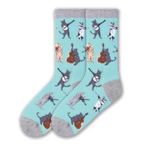 k. bell socks women's lover's fun & cute novelty crew socks, musical cats (light blue), shoe size: 4-10