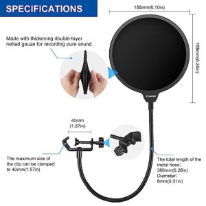 Aokeo Professional Microphone Pop Filter Mask Shield • For Blue Yeti and Any Other Microphone • Mic Dual Layered Wind Pop Screen • With A Flexible 360° Gooseneck Clip Stabilizing Arm