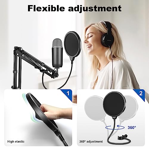 Aokeo Professional Microphone Pop Filter Mask Shield • For Blue Yeti and Any Other Microphone • Mic Dual Layered Wind Pop Screen • With A Flexible 360° Gooseneck Clip Stabilizing Arm