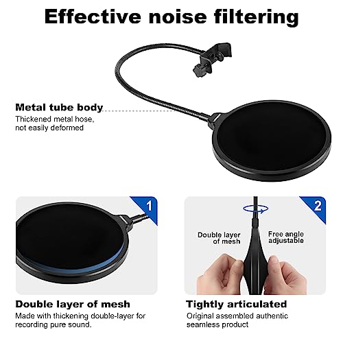 Aokeo Professional Microphone Pop Filter Mask Shield • For Blue Yeti and Any Other Microphone • Mic Dual Layered Wind Pop Screen • With A Flexible 360° Gooseneck Clip Stabilizing Arm