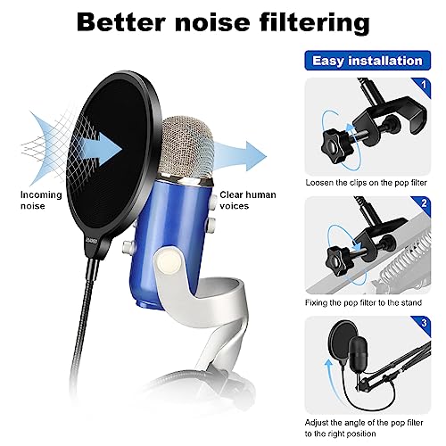 Aokeo Professional Microphone Pop Filter Mask Shield • For Blue Yeti and Any Other Microphone • Mic Dual Layered Wind Pop Screen • With A Flexible 360° Gooseneck Clip Stabilizing Arm