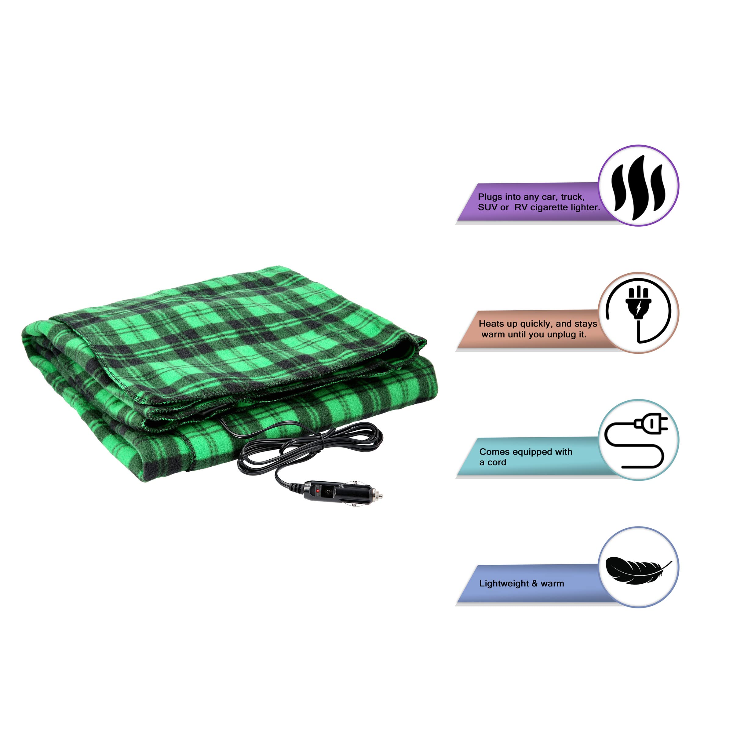 Heated Blanket - 12-Volt Electric Blanket for Car, Truck, SUV, or RV - Portable Winter Car Accessories for Camping or Travel by Stalwart (Green Plaid)