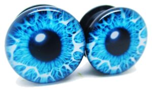 pierced republic blue eye ear plugs - acrylic - screw on - new *pair* - 8 sizes (0 gauge (8mm))