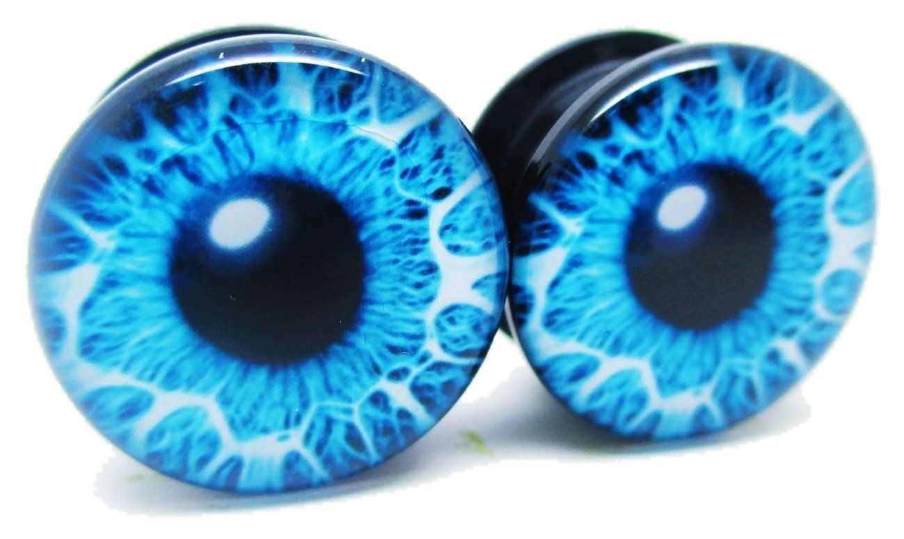 Pierced Republic Blue Eye Ear Plugs - Acrylic - Screw on - New *Pair* - 8 Sizes (0 Gauge (8mm))