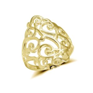 Hoops & Loops Yellow Gold Flashed Sterling Silver Filigree Celtic Floral Swirl Ring, Size 8