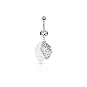 14ga stainless steel cz crystal paved leaves dangling belly button ring (silver tone)