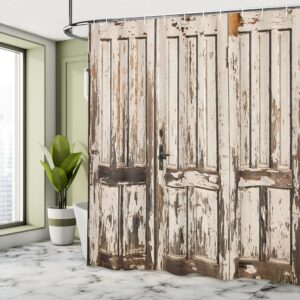 Ambesonne Rustic Shower Curtain, Vintage House Entrance Vertical Old Planks Distressed Weathered Hardwood Design, Cloth Fabric Bathroom Decor Set with Hooks, 69" W x 75" L, Brown White