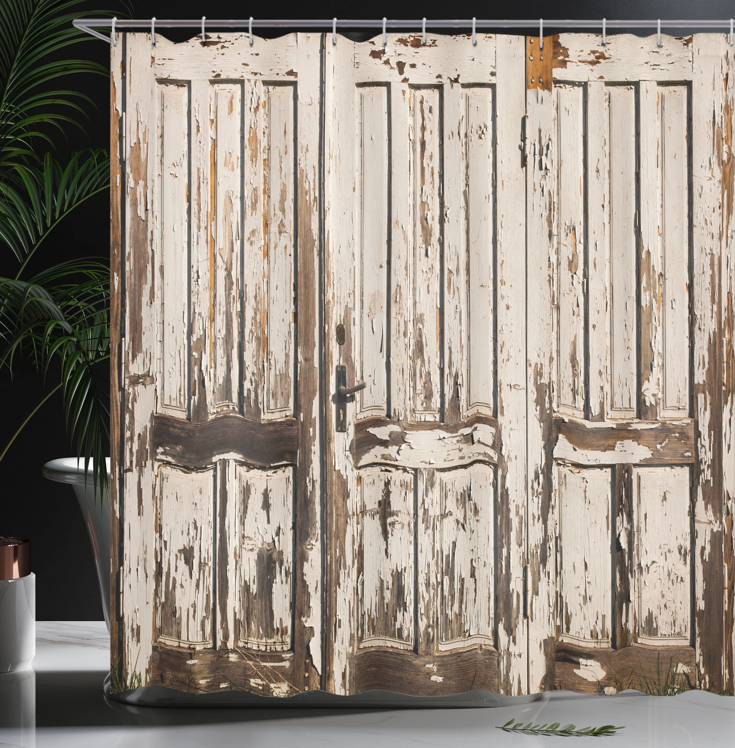 Ambesonne Rustic Shower Curtain, Vintage House Entrance Vertical Old Planks Distressed Weathered Hardwood Design, Cloth Fabric Bathroom Decor Set with Hooks, 69" W x 75" L, Brown White