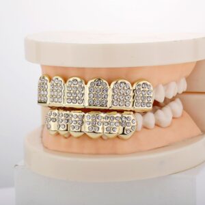 JINAO Gold Grill 14K Gold Plated Iced Out Teeth Grillz Top Bottom Tooth Caps Hip Hop Bling New Gold Shiny Fake Grills for Men Women (Gold)