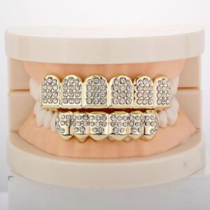 JINAO Gold Grill 14K Gold Plated Iced Out Teeth Grillz Top Bottom Tooth Caps Hip Hop Bling New Gold Shiny Fake Grills for Men Women (Gold)