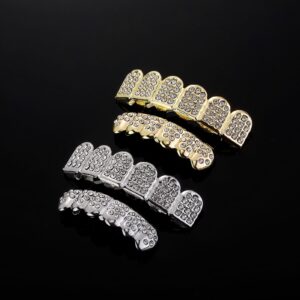 JINAO Gold Grill 14K Gold Plated Iced Out Teeth Grillz Top Bottom Tooth Caps Hip Hop Bling New Gold Shiny Fake Grills for Men Women (Gold)