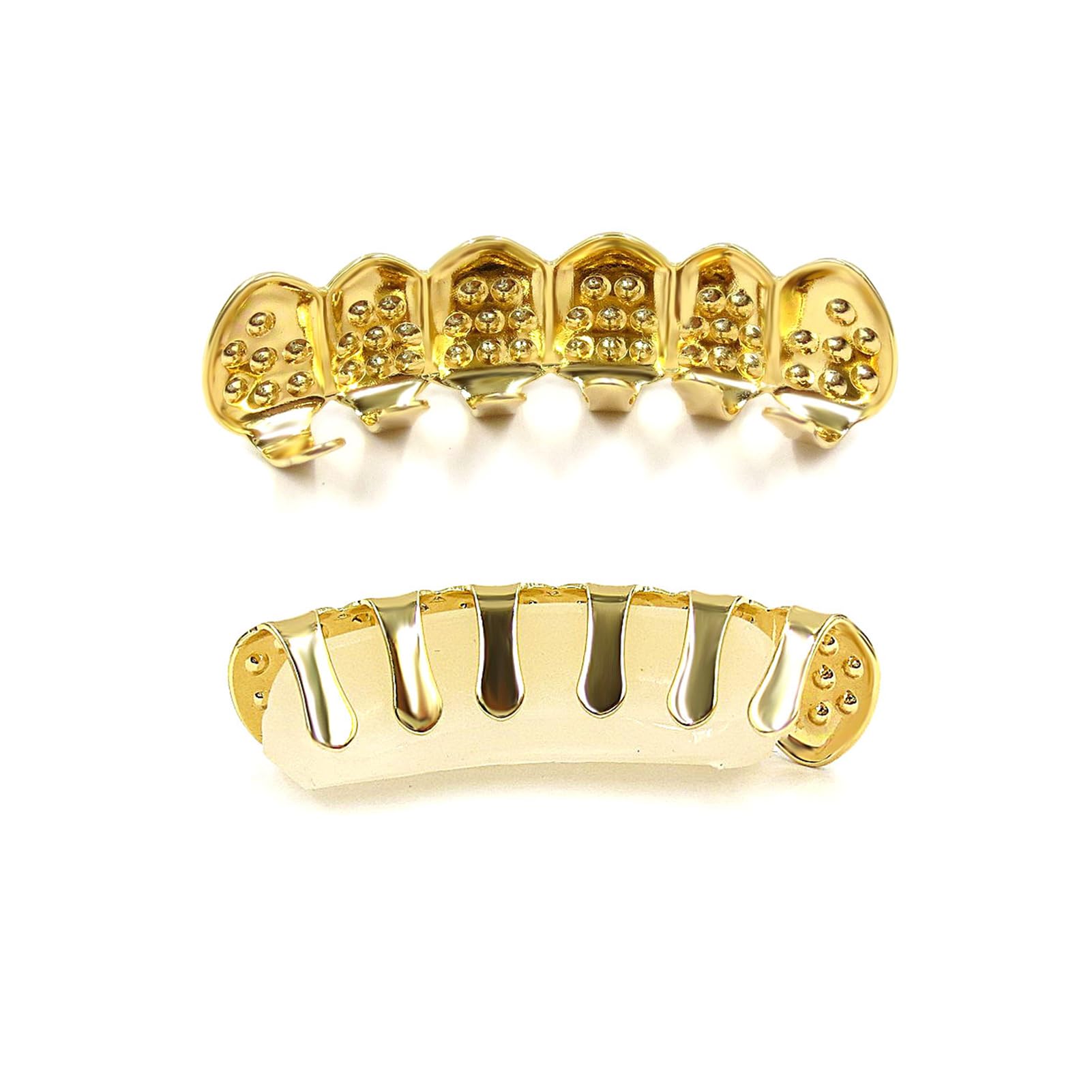 JINAO Gold Grill 14K Gold Plated Iced Out Teeth Grillz Top Bottom Tooth Caps Hip Hop Bling New Gold Shiny Fake Grills for Men Women (Gold)