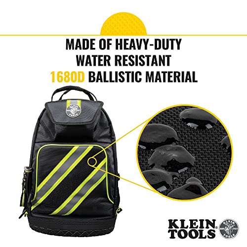 Klein Tools 55597 Tool Bag Backpack, Tradesman Pro Tool Organizer with 39 Pockets, Reflective Hi Viz, Padded Shoulder Straps, Molded Base