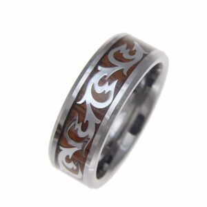 Arthur's Jewelry Genuine inlay Hawaiian koa wood shiny scroll band ring tungsten comfort fit 8mm size 9