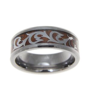 Arthur's Jewelry Genuine inlay Hawaiian koa wood shiny scroll band ring tungsten comfort fit 8mm size 9