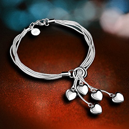 925 Sterling Silver Five-Line Chain with Five-Heart Bracelet Bangle