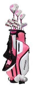 top line ladies pink right handed m5 golf club set for petite ladies ( height 5' to 5'3" ) , includes: driver, wood, hybrid, 5,6,7,8,9, pw stainless irons, putter, graphite shafts, bag & 3 hcs