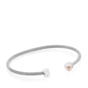 tous icon mesh 925 silver bangle bracelet with white chinese-freshwater-cultured pearl 6.5-7.0 mm