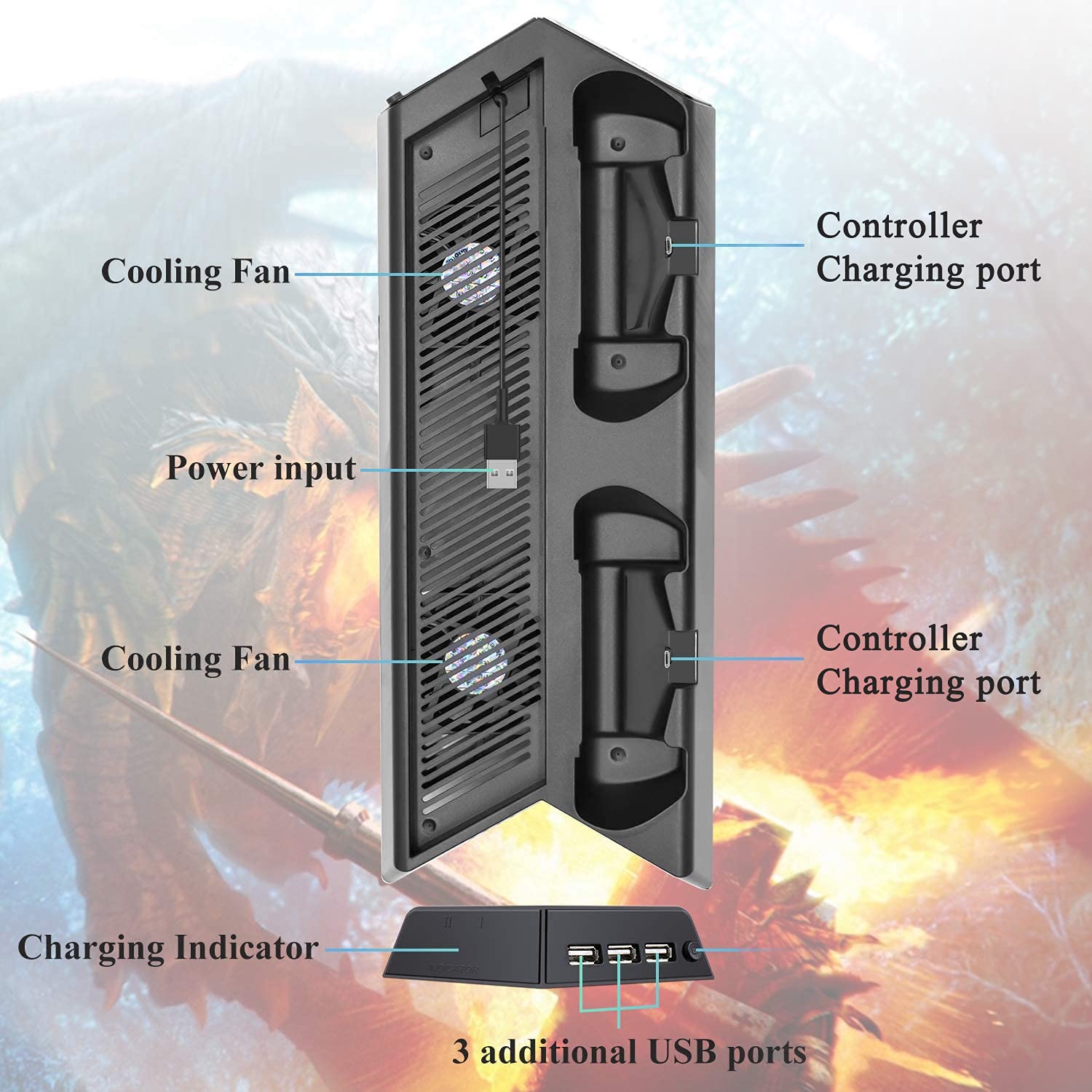 FASTSNAIL Vertical Stand for PS4 Pro with Cooling Fan, Controller Charging Station for PlayStation 4 Pro, Charger for DualShock 4 Controller with LED Indicator