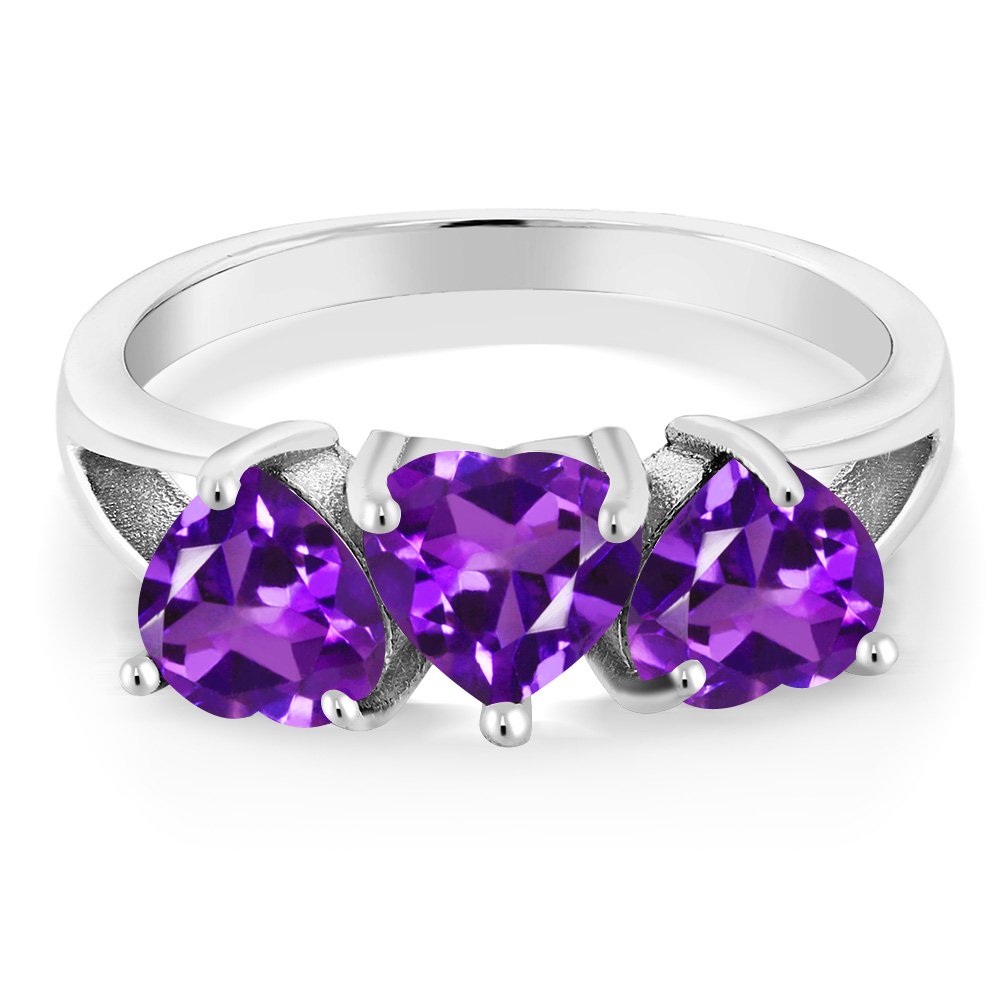 Gem Stone King 925 Sterling Silver Purple Amethyst 3-Stone Engagement Ring For Women (1.95 Cttw, Gemstone Birthstone, Heart Shape 6MM, Available 5,6,7,8,9) (Size 7)