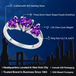 Gem Stone King 925 Sterling Silver Purple Amethyst 3-Stone Engagement Ring For Women (1.95 Cttw, Gemstone Birthstone, Heart Shape 6MM, Available 5,6,7,8,9) (Size 7)