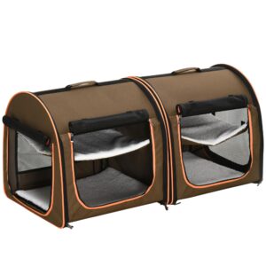 pawhut 39” soft-sided portable dual compartment pet carrier - brown