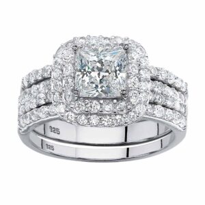 palmbeach platinum-plated sterling silver princess cut cubic zirconia halo 3 piece bridal ring set sizes 5-10 size 7