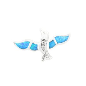 Bird Pendant Created Blue Opal Simulated Cubic Zirconia 925 Sterling Silver (17mm)