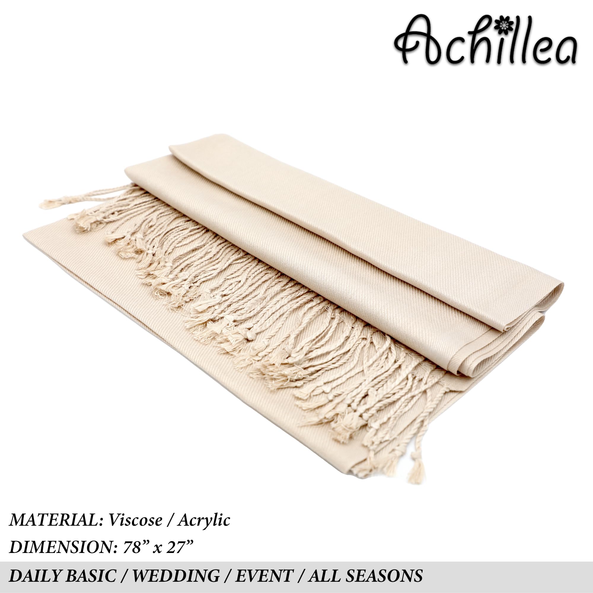 Achillea Large Soft Silky Pashmina Shawl Wrap Scarf in Solid Colors (Cream/Beige)