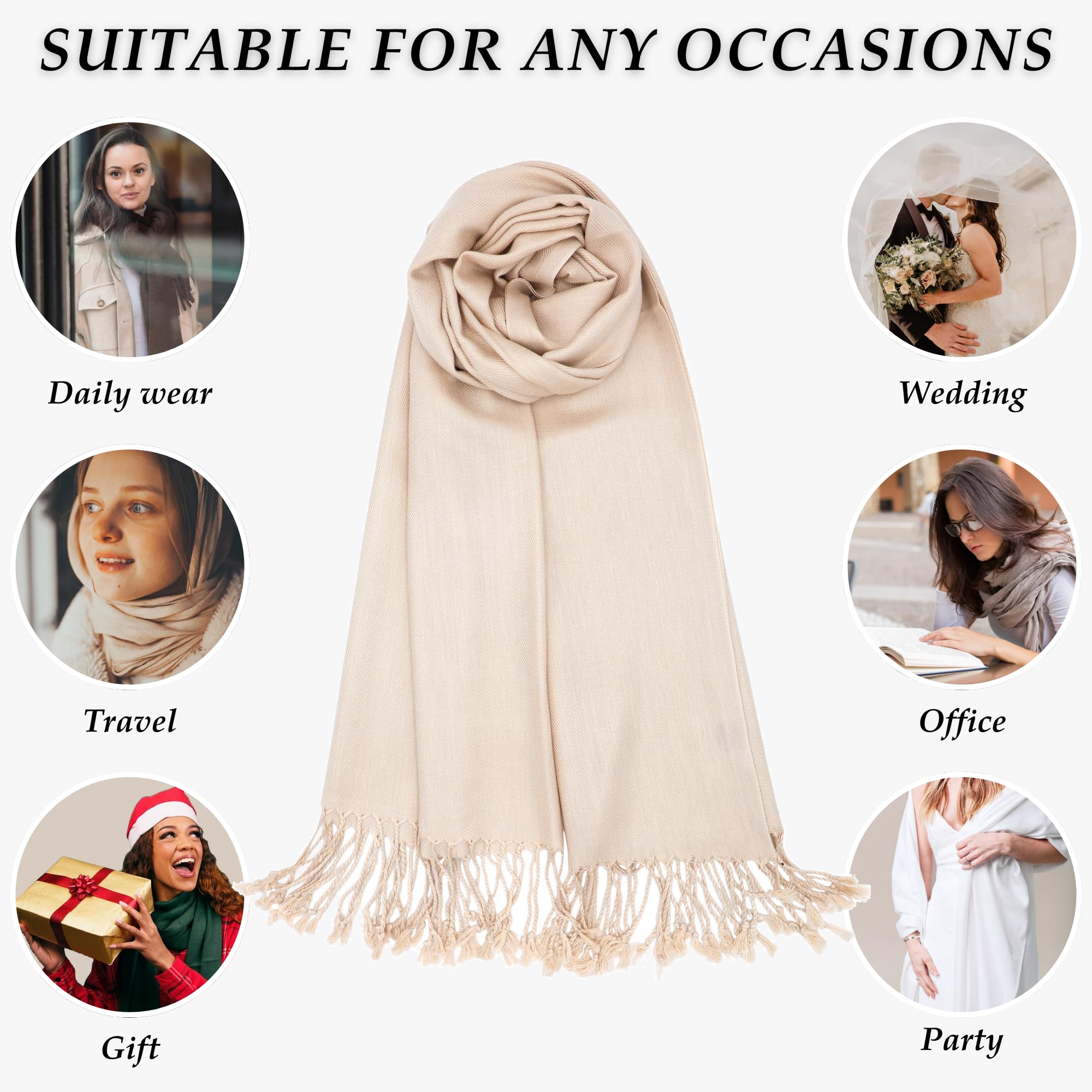 Achillea Large Soft Silky Pashmina Shawl Wrap Scarf in Solid Colors (Cream/Beige)