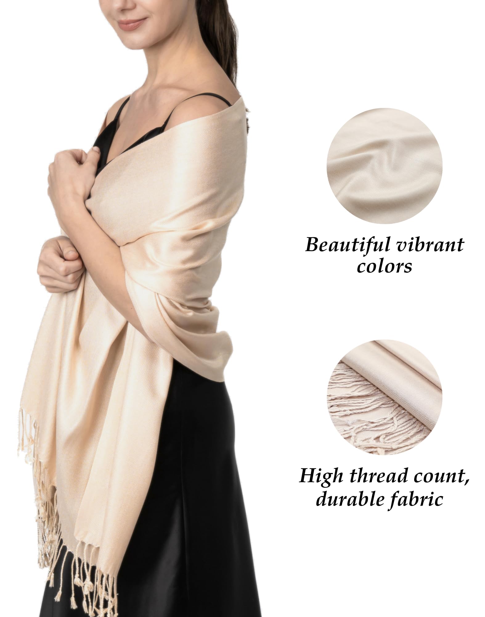 Achillea Large Soft Silky Pashmina Shawl Wrap Scarf in Solid Colors (Cream/Beige)