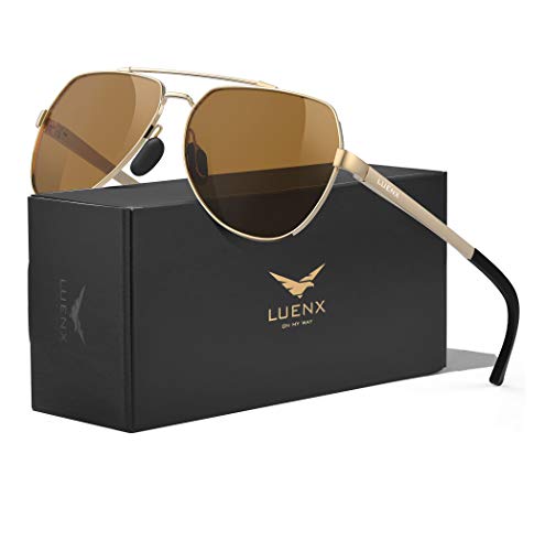 LUENX Men Women Aviator Sunglasses Polarized Shades Flexible Spring Hinge - Brown Lens Gold Metal Frame Large 60mm