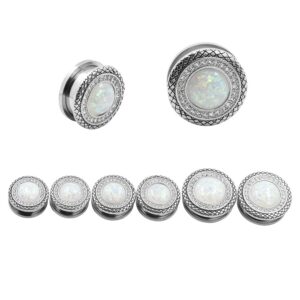 Qmcandy 2pcs 00g Stainless Steel White Opal Screw Ear Plugs Gauges Piercing