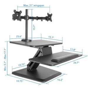 Mount-It! Standing Desk Converter, Stand Up Desk Riser with Dual Monitor Mount, Adjustable Workstation in Black, Top Platform 23" Wide, Keyboard Mouse Tray 27" Wide, Raises 5" to 17" Tall