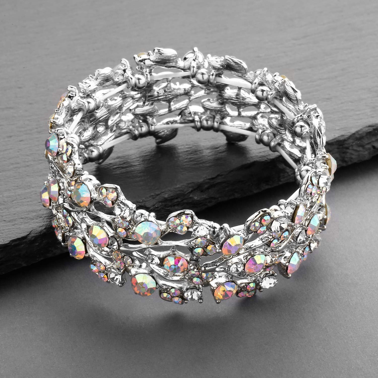 Mariell Aurora Borealis Crystal Stretch Bracelet, One Size Fits Most for Prom, Bridesmaids, and Weddings