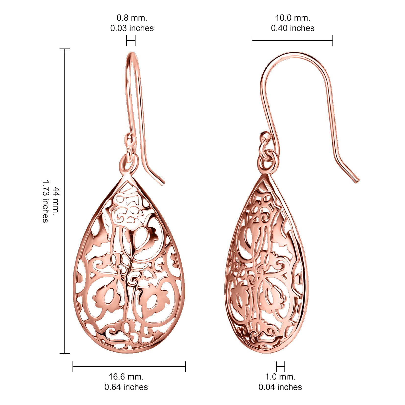 Rose Gold Flashed Sterling Silver Filigree Teardrop Drop Dangle Earrings for Women