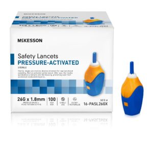 mckesson safety lancet, retractable, pressure-activated finger device, sterile - ideal for blood testing - single use, 26 gauge, 1.8mm depth, 100 count, 1 pack