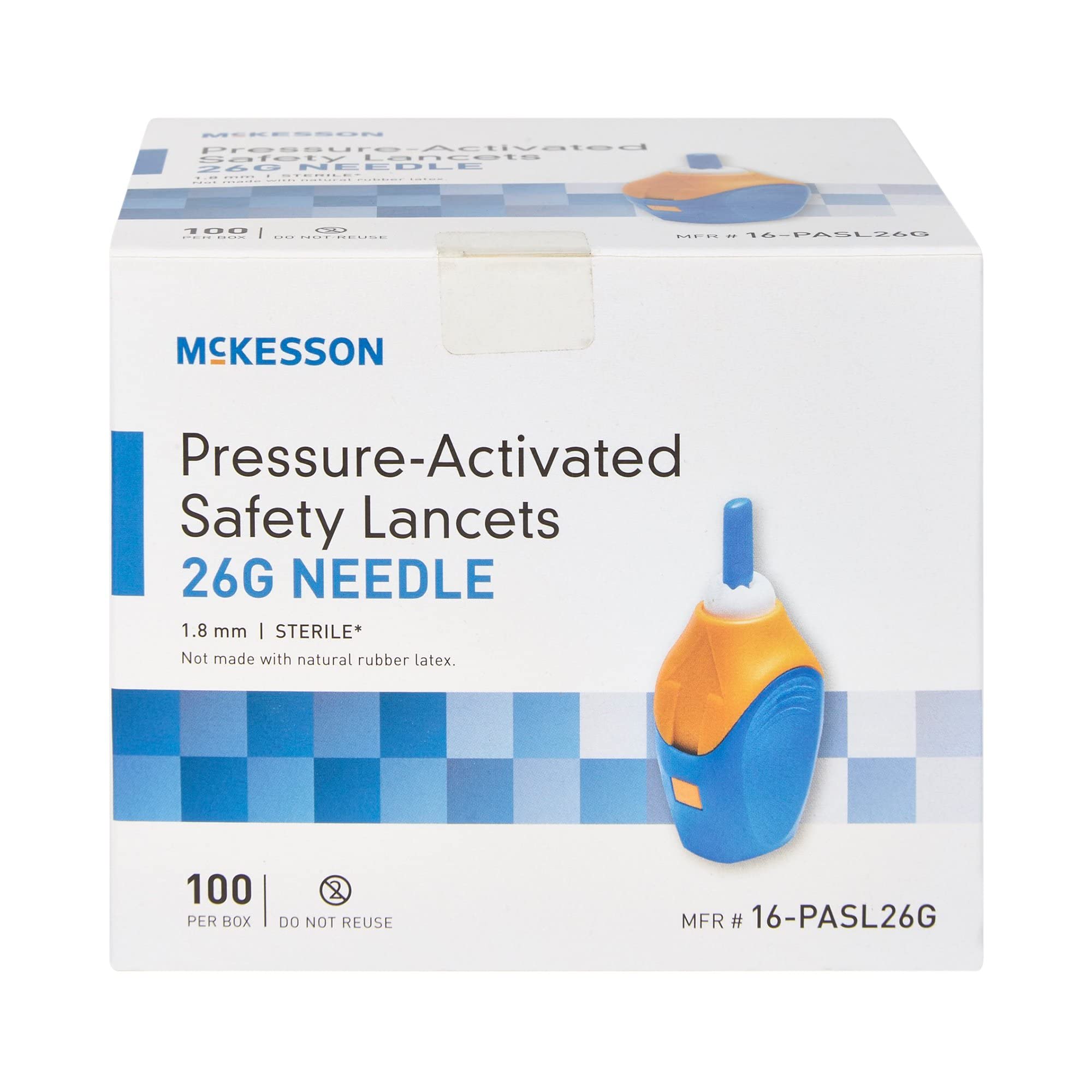 McKesson Safety Lancet, Retractable, Pressure-Activated Finger Device, Sterile - Ideal for Blood Testing - Single Use, 26 Gauge, 1.8mm Depth, 100 Count, 1 Pack