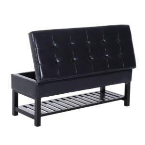 HOMCOM 44" Tufted Faux Leather Ottoman Storage Bench with Shoe Rack - Black