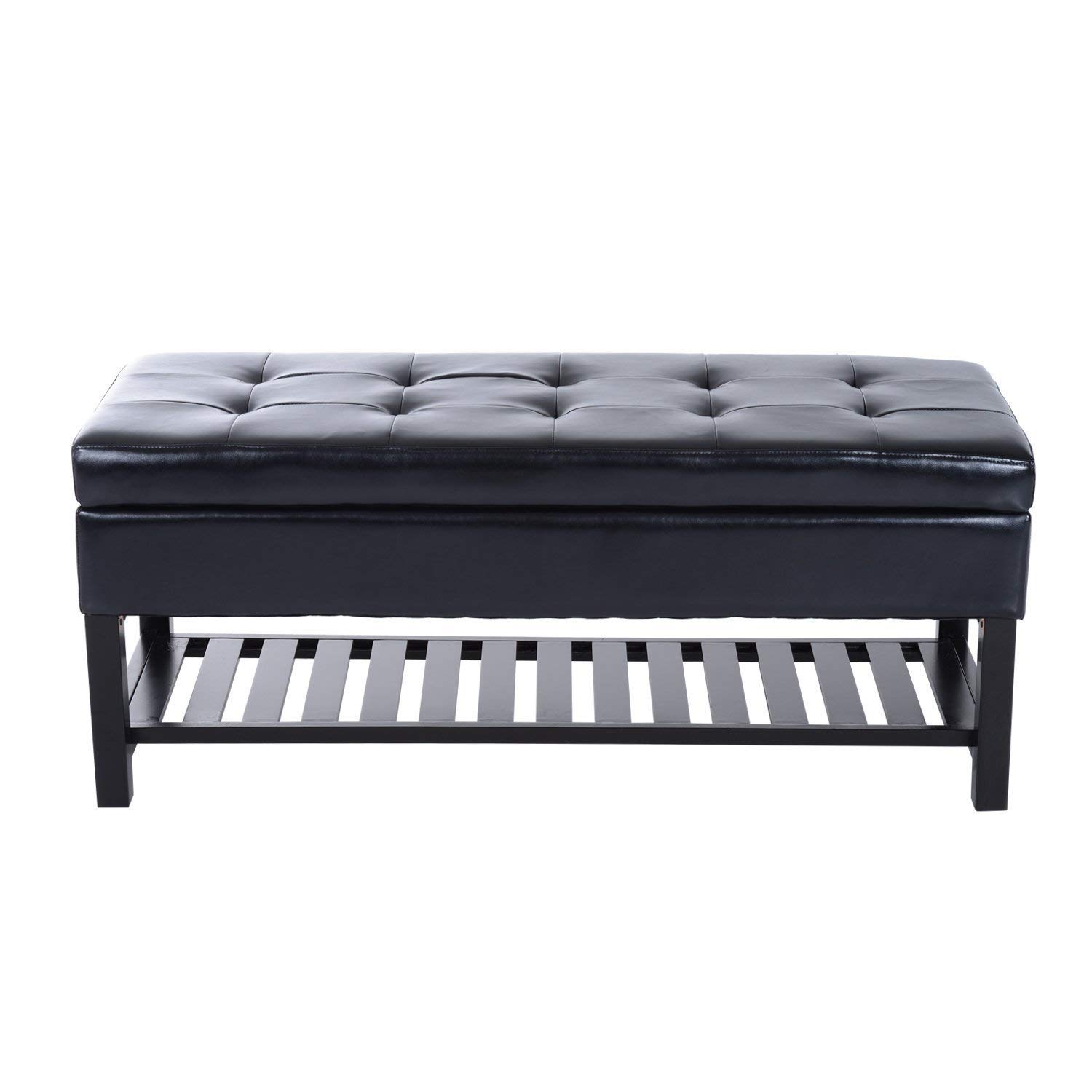 HOMCOM 44" Tufted Faux Leather Ottoman Storage Bench with Shoe Rack - Black