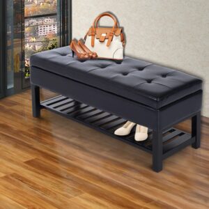 HOMCOM 44" Tufted Faux Leather Ottoman Storage Bench with Shoe Rack - Black