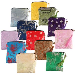 kilofly 12 pc silk brocade tasseled coin purse zipper jewelry bag gift pouch set