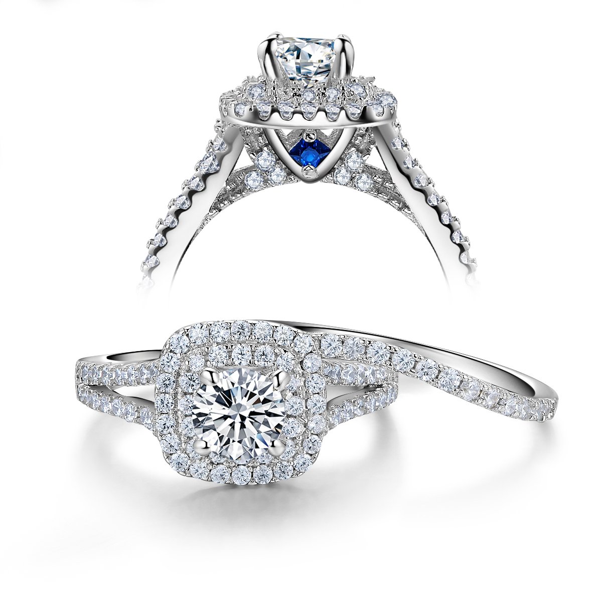 Newshe Jewellery Wedding Engagement Ring Set AAAAA Cz 925 Sterling Silver 2Ct Round Created Blue Sapphire White Size 7