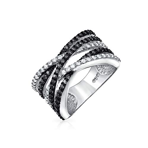 Bling Jewelry Rhodium Plated Criss Cross Black and Clear CZ Ring (6)